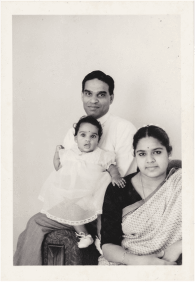 At one year old with my parents — father M. Madhavan Kutty, diplomat, and mother Santha Kutty.